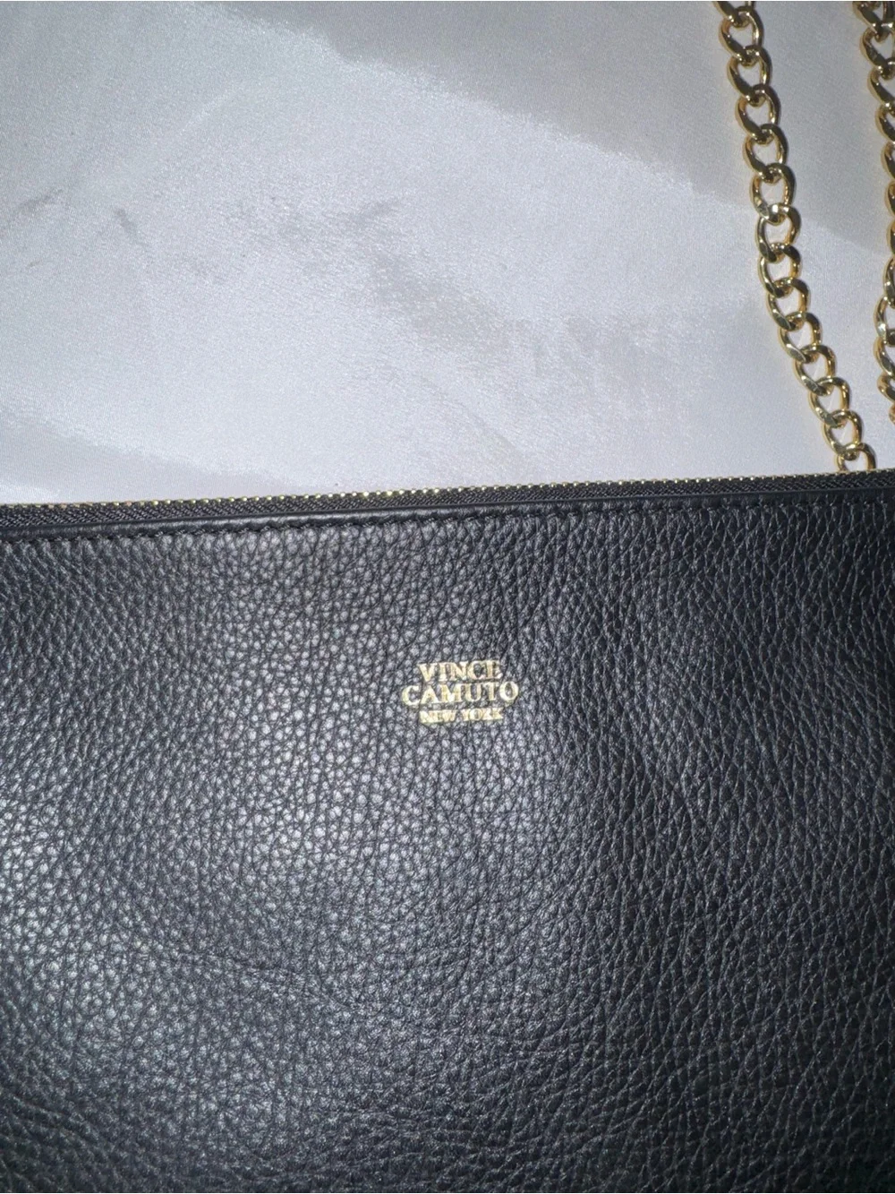 Vince Camuto Black Pebbled Leather Shoulder Bag with Gold Chain